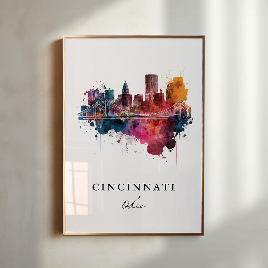 Cincinnati Ohio watercolor wall art in a gold frame showcases the skyline and suspension bridge with vibrant colors and city charm.