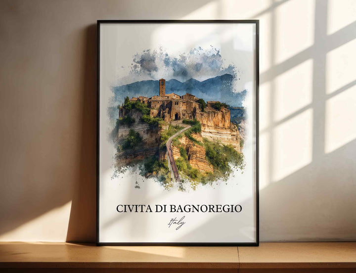 Civita di Bagnoregio Italy watercolor wall art in a black frame captures the dramatic hilltop village with rich color and breathtaking scenery.