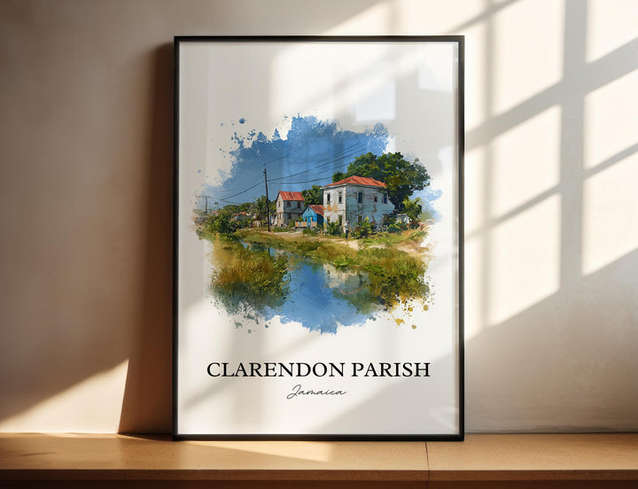 Clarendon Parish Jamaica watercolor wall art in a black frame featuring a peaceful village, tropical greenery, and tranquil countryside reflections.