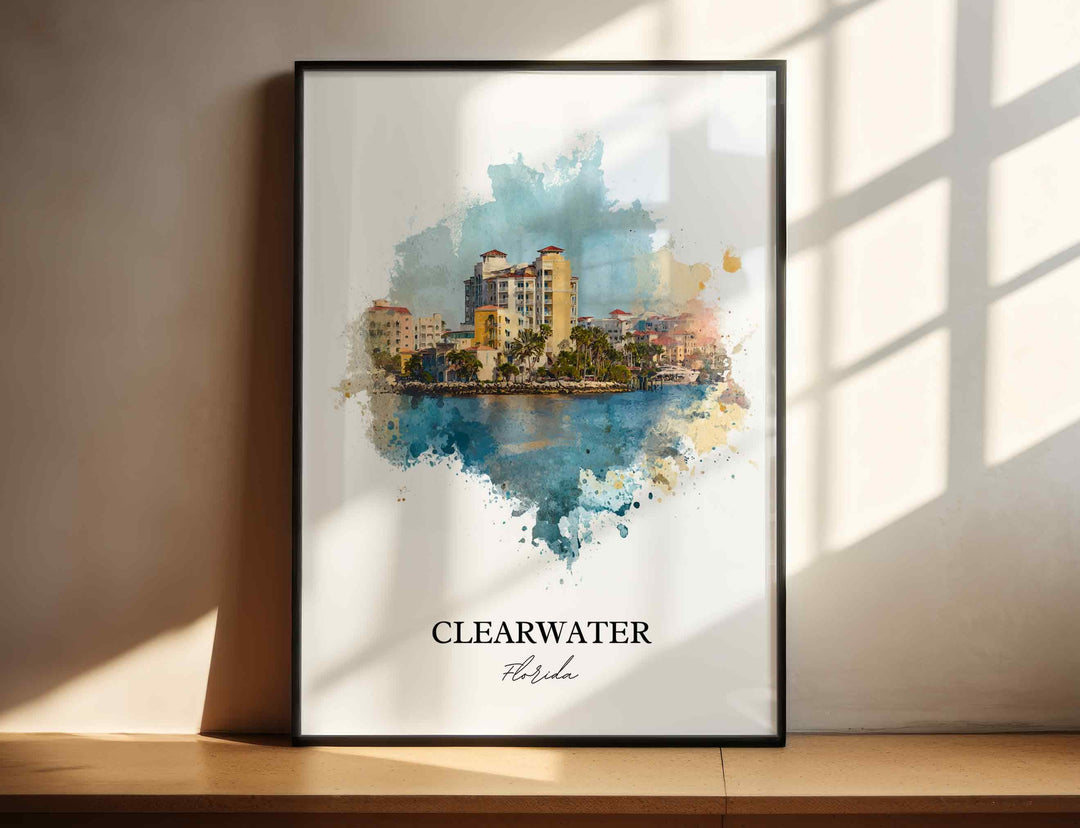 Clearwater Florida watercolor wall art in a black frame featuring a vibrant waterfront skyline with palm trees and peaceful coastal reflections.