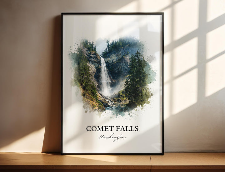 Cascade carved through evergreen mountain wilderness.