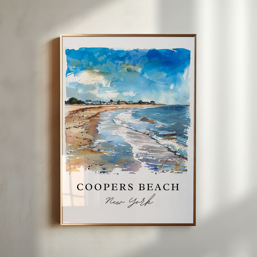 Coopers Beach New York watercolor wall art in a gold frame featuring a wide sandy shoreline, gentle Atlantic waves, and peaceful coastal blue skies.