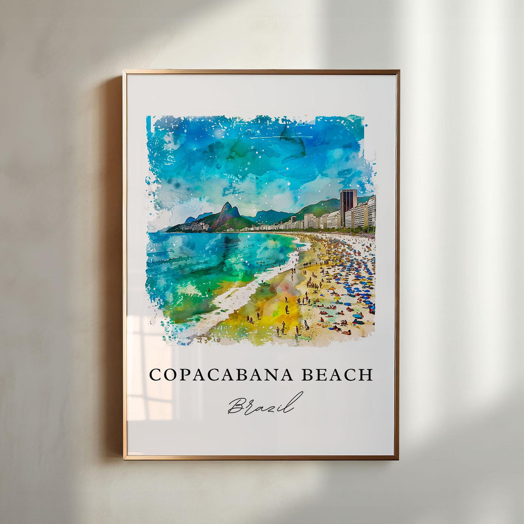 Copacabana Beach Brazil watercolor wall art in a gold frame featuring the iconic shoreline, turquoise ocean, lively beachfront, and vibrant tropical colors.