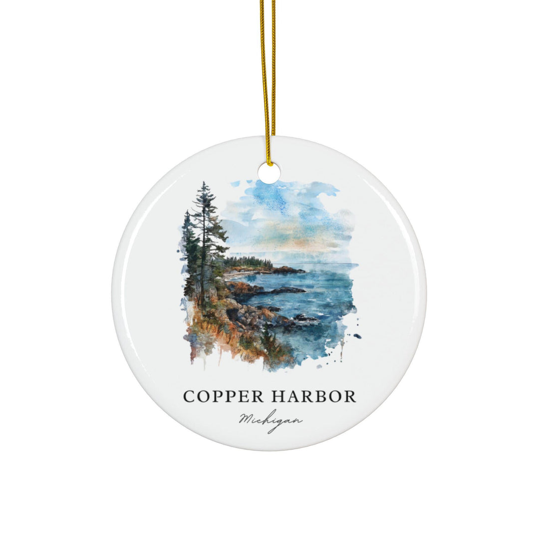 Copper Harbor Michigan white holiday ornament featuring a watercolor Lake Superior shoreline with rugged rocks, tall pines, and peaceful coastal views.