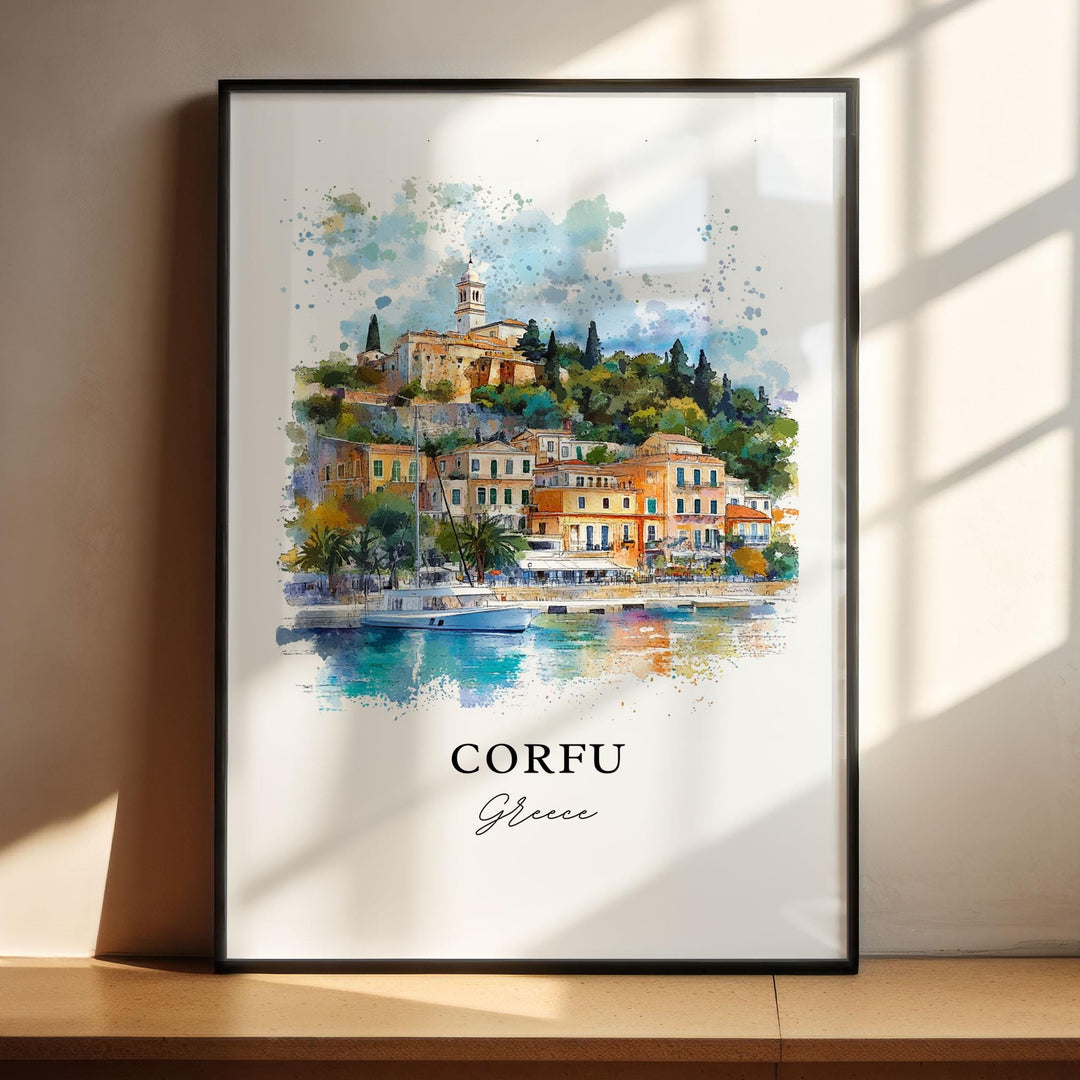 Corfu Greece watercolor wall art in a black frame featuring a colorful harbor with hillside architecture, calm turquoise waters, and Mediterranean charm.