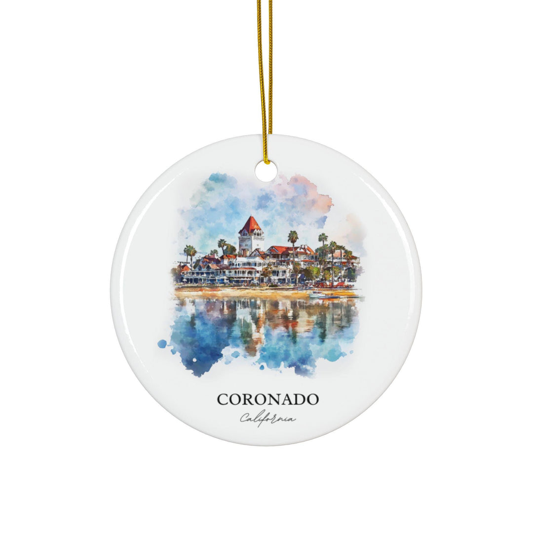 Coronado California white holiday ornament featuring a watercolor view of the iconic Hotel del Coronado with coastal reflections and palm trees.