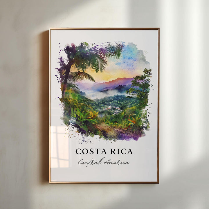 Costa Rica Central America watercolor wall art in a gold frame featuring lush rainforest valleys with a glowing sunrise and vibrant tropical colors.