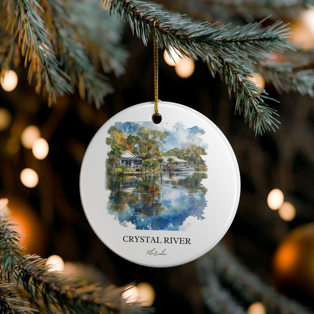 Crystal River Florida white holiday ornament featuring a peaceful watercolor riverside with charming homes and tranquil reflections for holiday décor.