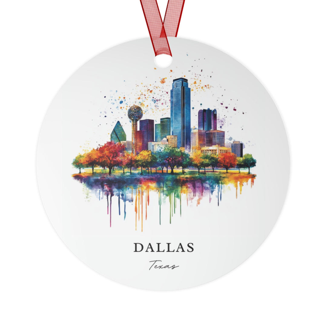 Dallas Texas ceramic holiday ornament with a white finish featuring a vibrant skyline, colorful autumn trees, Reunion Tower, and vivid watercolor reflections.