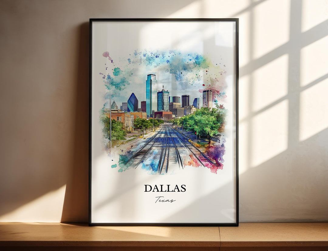 Dallas Texas watercolor wall art in a black frame featuring the downtown skyline, colorful watercolor splashes, railway tracks, and vibrant urban scenery.