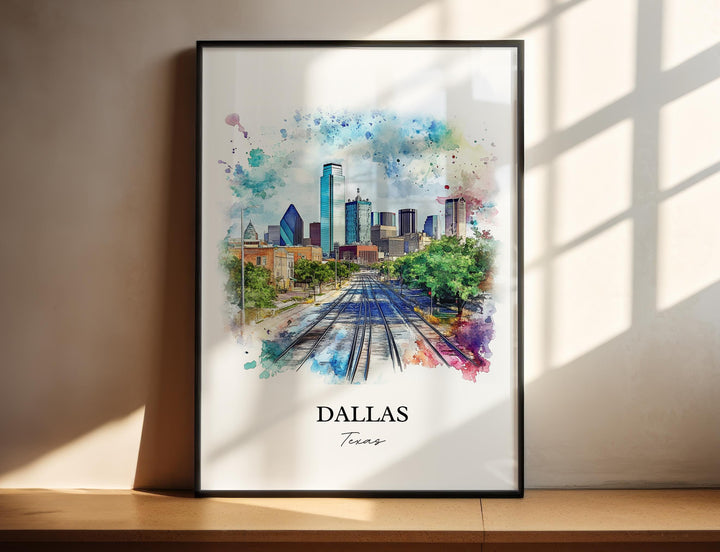 Dallas Texas watercolor wall art in a black frame featuring the downtown skyline, colorful watercolor splashes, railway tracks, and vibrant urban scenery.