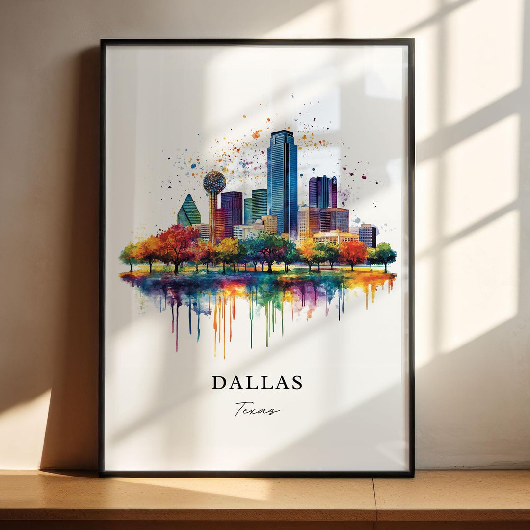 Dallas Texas watercolor wall art in a black frame featuring the downtown skyline, Reunion Tower, colorful autumn trees, and vibrant watercolor reflections.