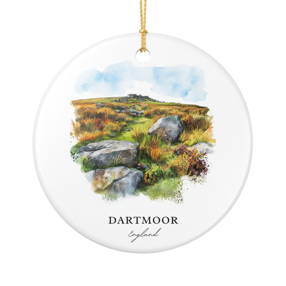 Bring home the rugged beauty of Dartmoor with this watercolor ceramic ornament featuring the iconic granite tors, rolling moorland, and peaceful countryside of Devon, England. Perfect for hikers, nature lovers, walkers, and anyone who treasures the wild landscapes of the English countryside. A thoughtful Christmas ornament or year-round keepsake celebrating one of England&