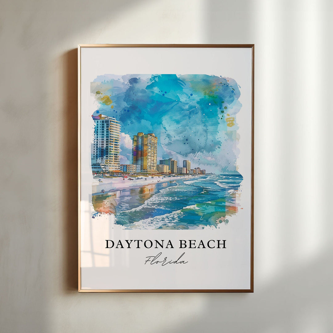 Daytona Beach Florida watercolor wall art in a gold frame featuring the iconic shoreline, rolling Atlantic waves, beachfront skyline, and vibrant coastal blue tones.