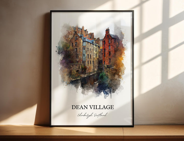 Enchanting Dean Village Edinburgh Scotland watercolor painting featuring the historic buildings, and one of the city&
