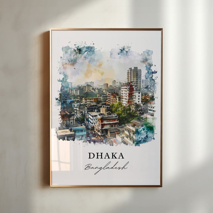 Dhaka Bangladesh watercolor wall art in a gold frame featuring a vibrant city skyline, colorful buildings, and soft blue watercolor accents.