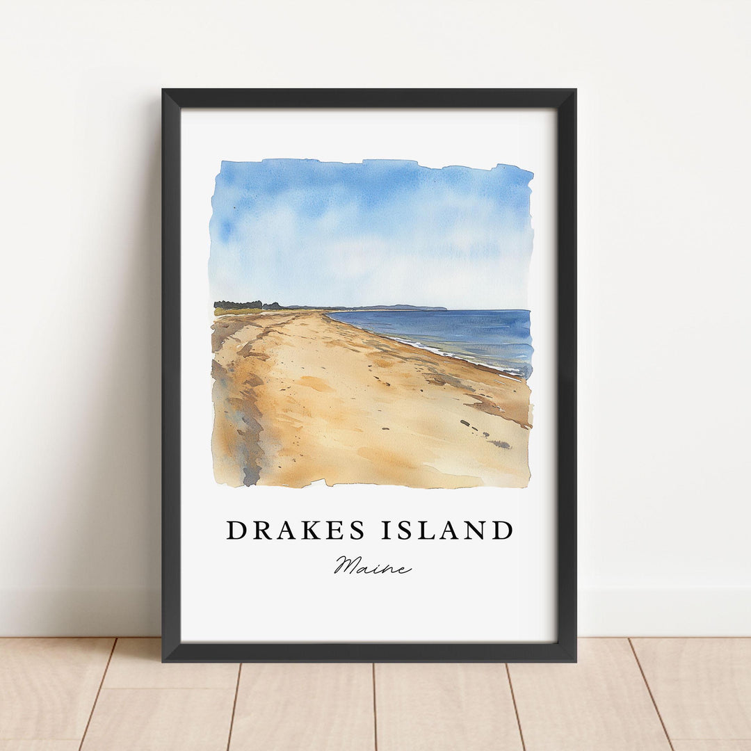 Drakes Island Maine watercolor wall art in a black frame featuring a peaceful sandy shoreline, gentle Atlantic waves, and soft coastal blue skies.