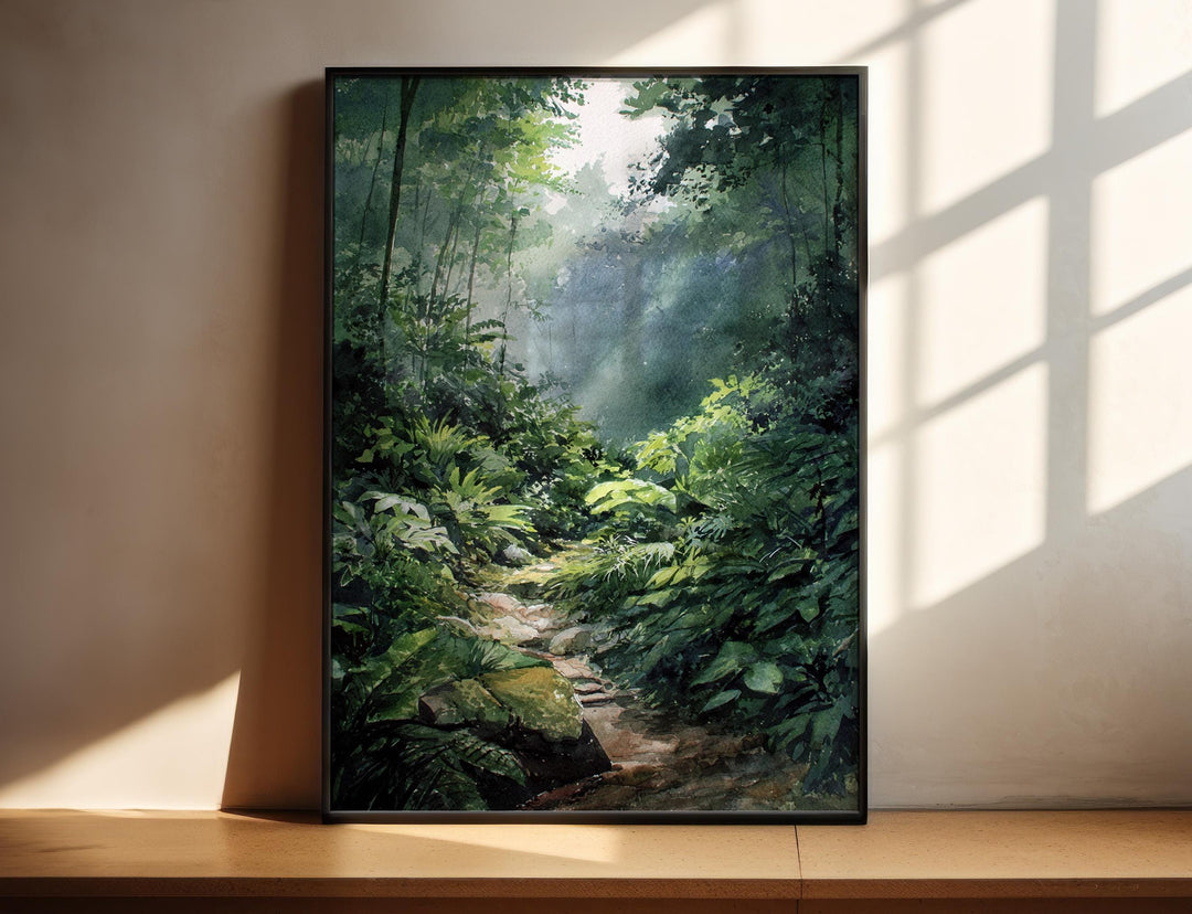 Sunlit pathways weave through lush rainforest serenity.