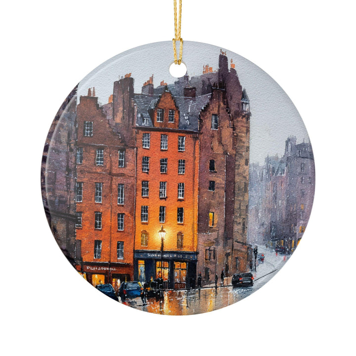 Edinburgh Scotland ceramic ornament featuring a cozy watercolor scene of the city&