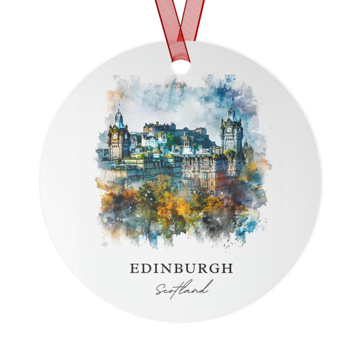 Edinburgh Scotland ceramic ornament featuring a vibrant watercolor skyline with Edinburgh Castle and the city&