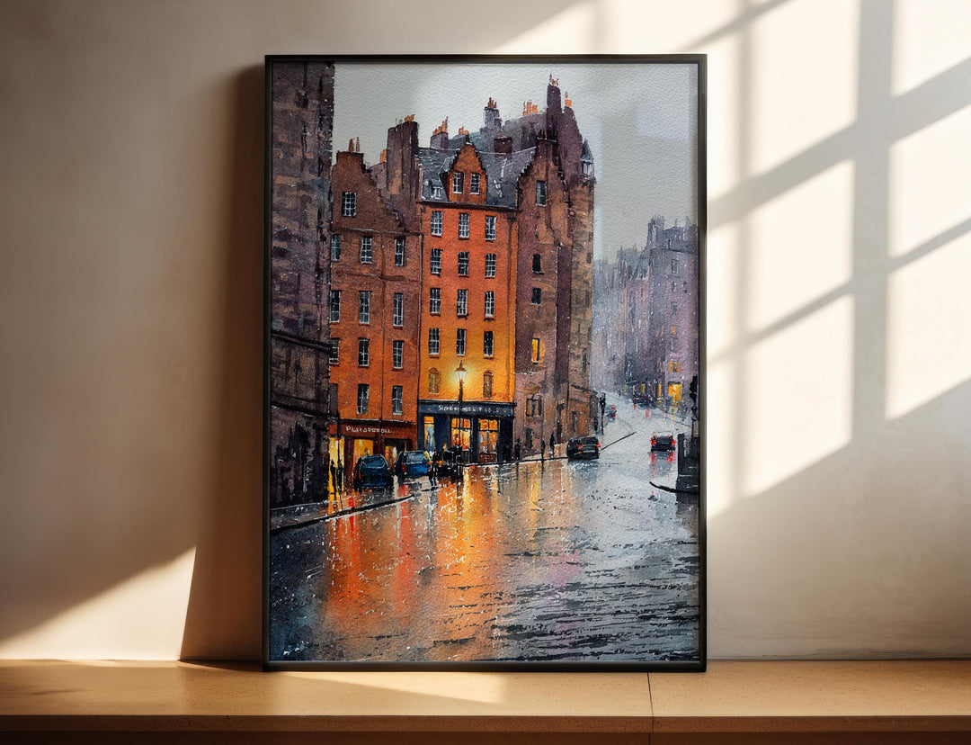 Atmospheric Edinburgh Scotland watercolor painting featuring a rain-soaked Old Town street, glowing storefronts, and historic stone architecture.