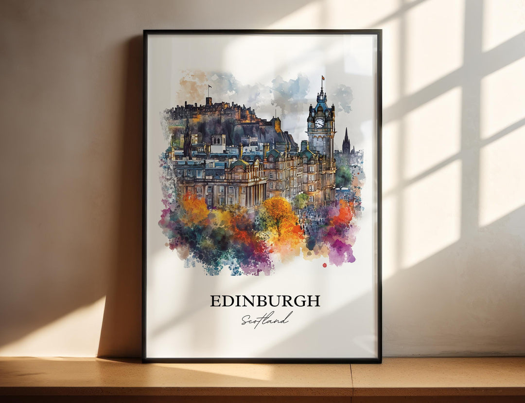 Colorful Edinburgh Scotland watercolor travel poster featuring Edinburgh Castle, the Balmoral Clock Tower, and the city&