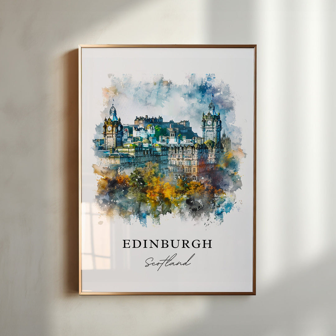 Historic Edinburgh skyline in a vibrant watercolor style. Perfect for home décor or as a thoughtful travel gift.