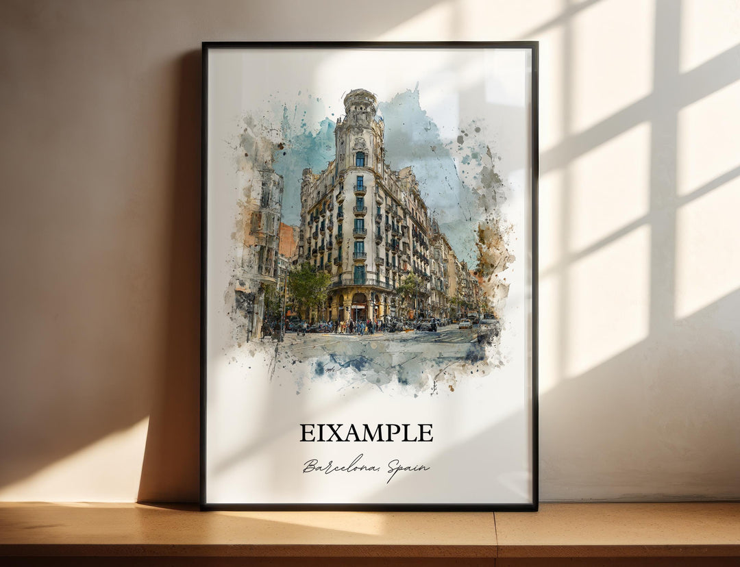 Eixample Barcelona Spain watercolor wall art in a black frame features elegant architecture, grand avenues, and classic city character.