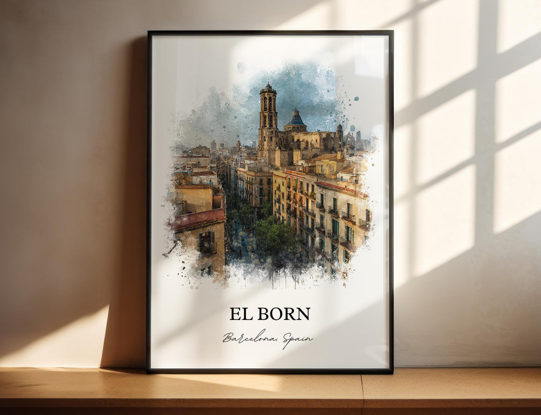 El Born Barcelona Spain watercolor wall art in a black frame showcases historic streets, cathedral views, and warm Mediterranean charm.