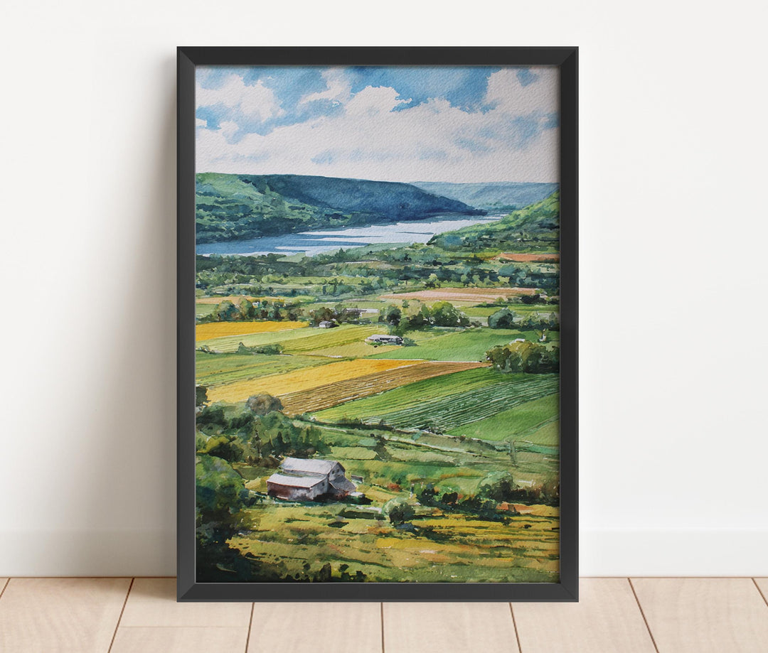 Beautiful Finger Lakes New York watercolor painting featuring rolling farmland, lush vineyards, and a peaceful lake nestled among scenic hills.
