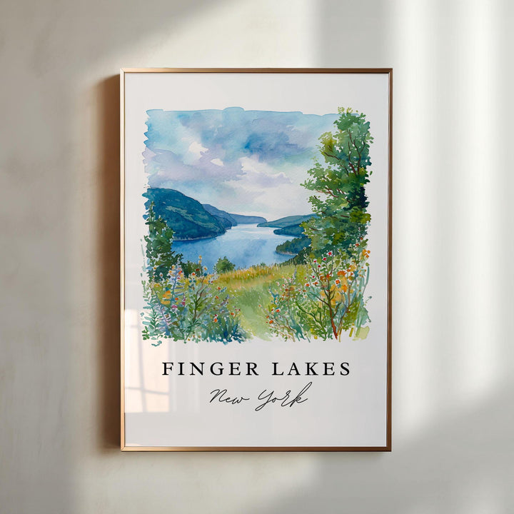 Beautiful Finger Lakes New York watercolor painting featuring rolling hills, sparkling blue waters, and colorful wildflowers overlooking one of the region&