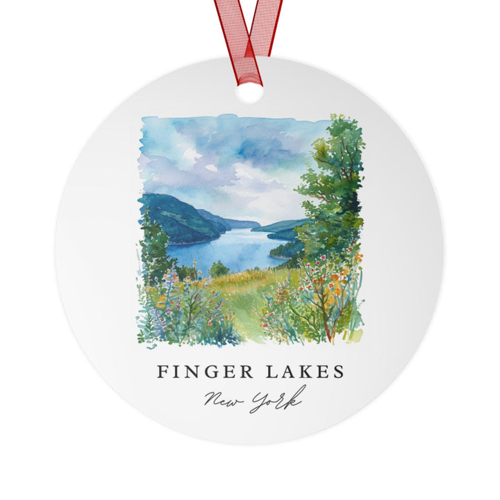 Beautiful Finger Lakes New York watercolor ornament featuring rolling hills. 