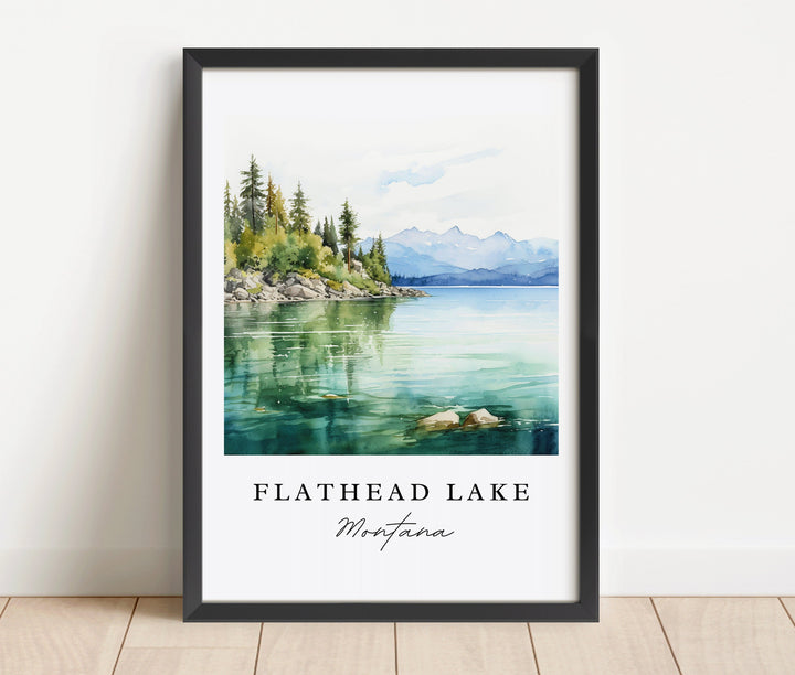 Flathead Lake Montana watercolor wall art in a black frame featuring crystal-clear turquoise water, evergreen shores, rocky coastline, and distant mountain peaks.