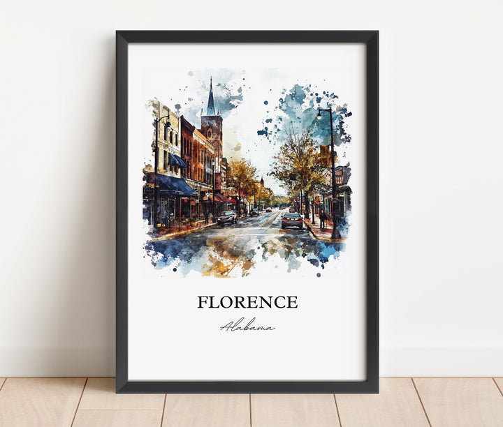 Florence Alabama watercolor wall art in a black frame captures the historic downtown with vibrant watercolor detail and welcoming Southern charm.