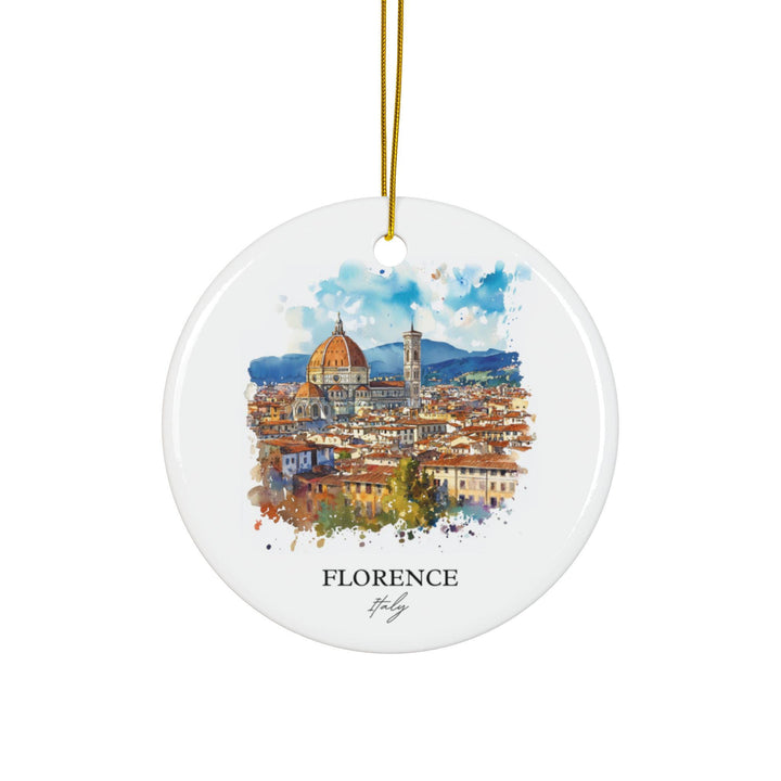Florence Italy ceramic ornament with a white finish features a vibrant watercolor skyline centered on the Duomo for a beautiful travel keepsake.