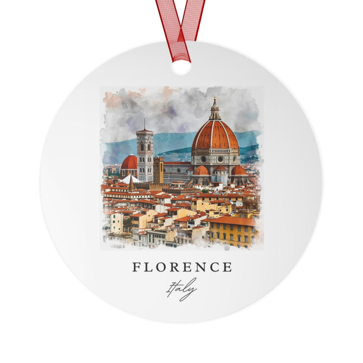 Florence Italy ceramic ornament with a white finish features the iconic Duomo in vibrant watercolor, creating a beautiful travel keepsake.