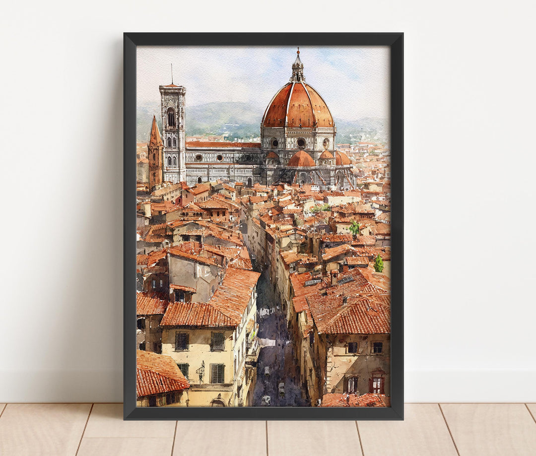 Florence Italy watercolor wall art in a black frame captures the iconic Duomo rising above terracotta rooftops with classic Tuscan elegance.