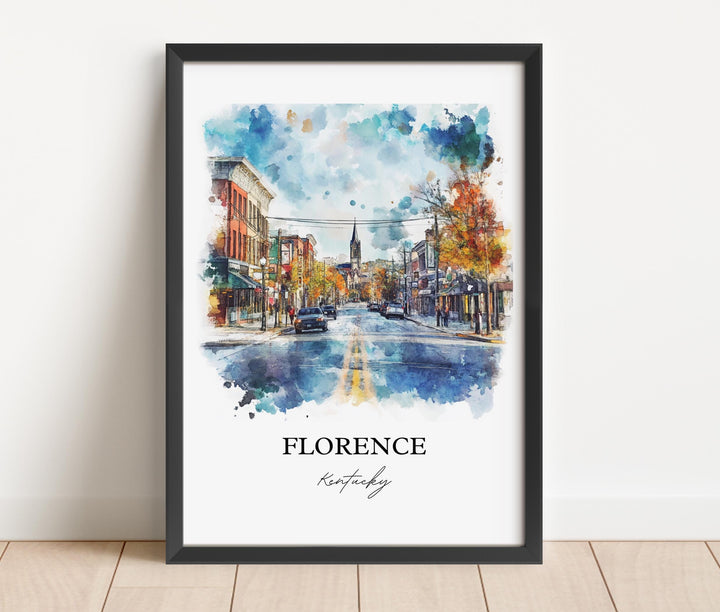 Florence Kentucky watercolor wall art in a black frame captures the charming downtown streets with vibrant watercolor detail and small-town character.