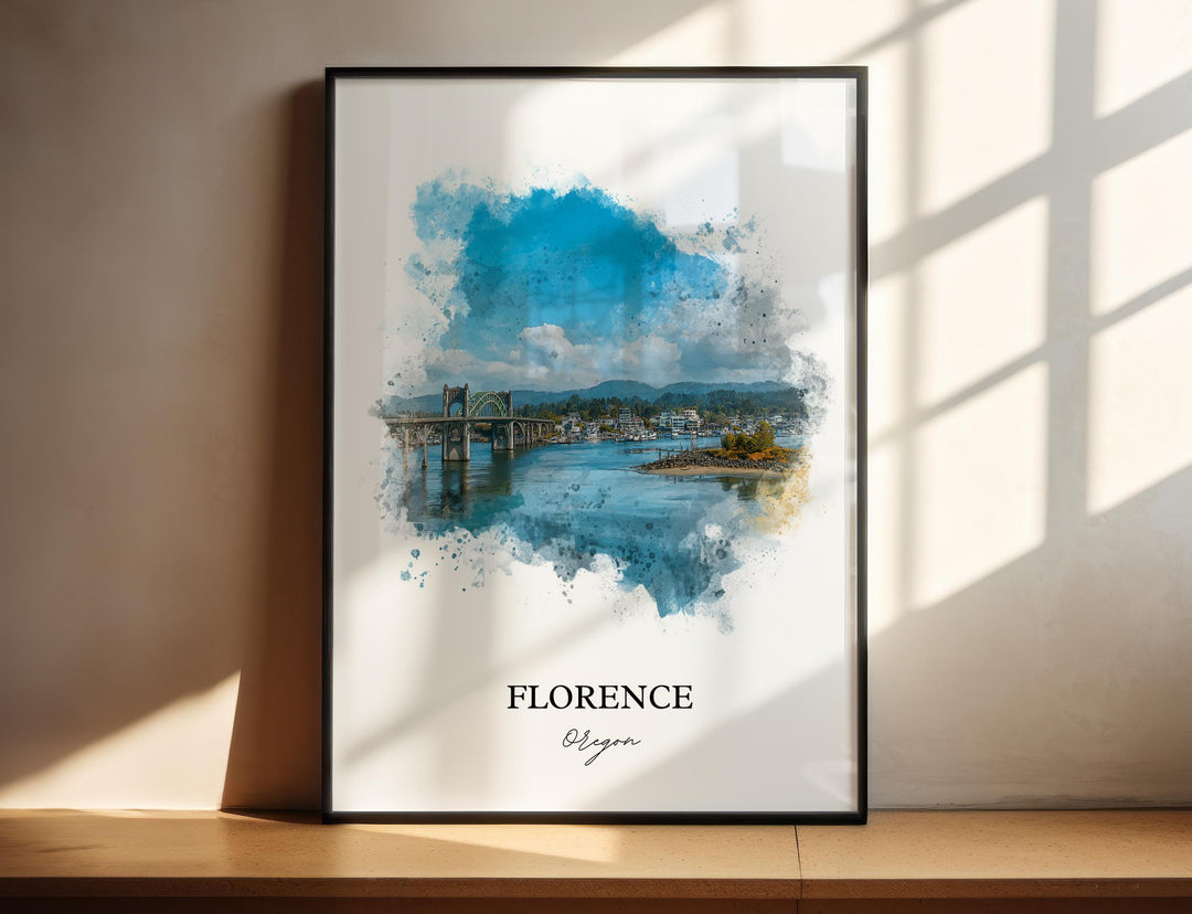 Florence Oregon watercolor wall art in a black frame captures the Siuslaw River Bridge and scenic waterfront with coastal watercolor charm.