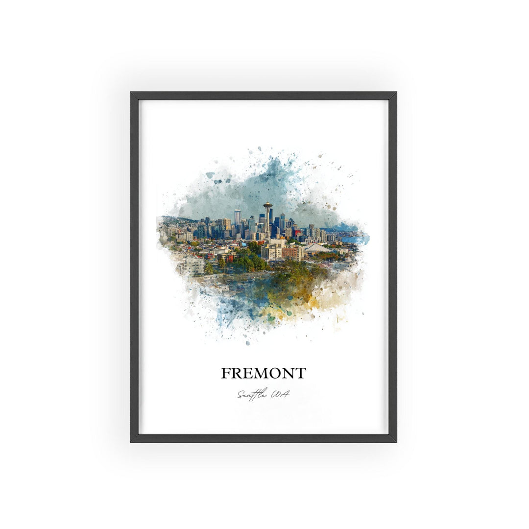 Watercolor Fremont Seattle skyline wall art in a black frame featuring the Space Needle and downtown view, a vibrant Washington neighborhood print.
