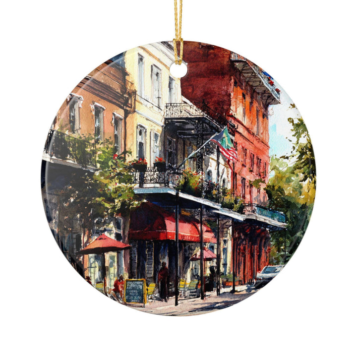 French Quarter New Orleans ceramic ornament featuring iconic balconies and historic architecture in a timeless holiday keepsake.