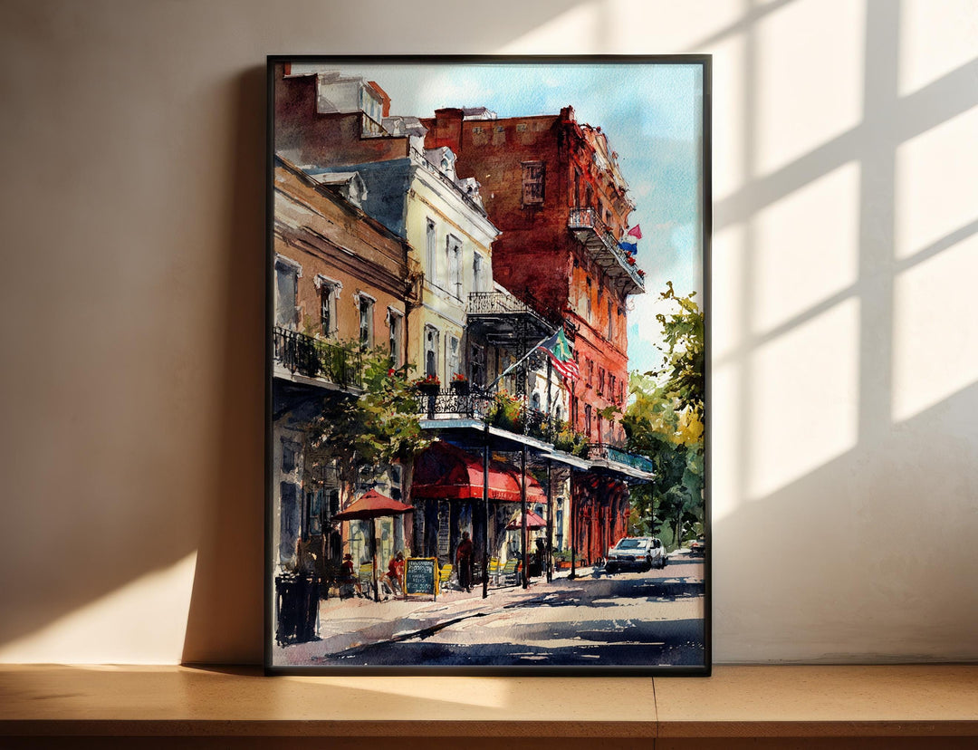 French Quarter New Orleans watercolor wall art featuring historic balconies and colorful streets in a timeless décor print.