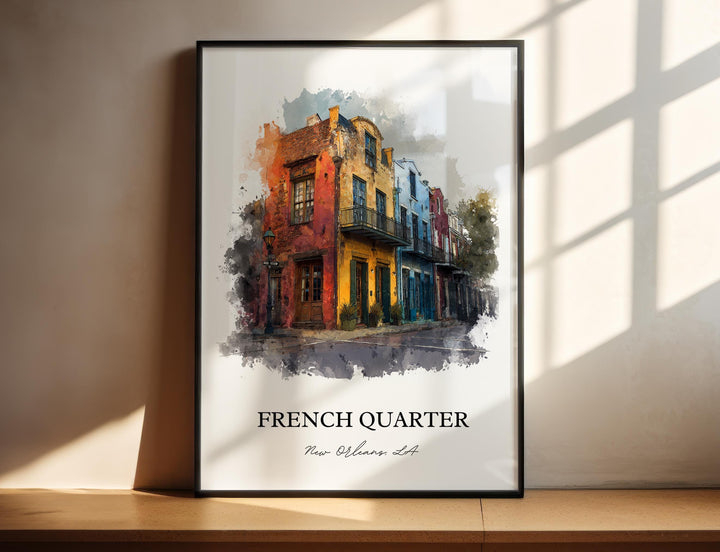 French Quarter New Orleans watercolor wall art featuring colorful Creole buildings and timeless historic charm in décor.