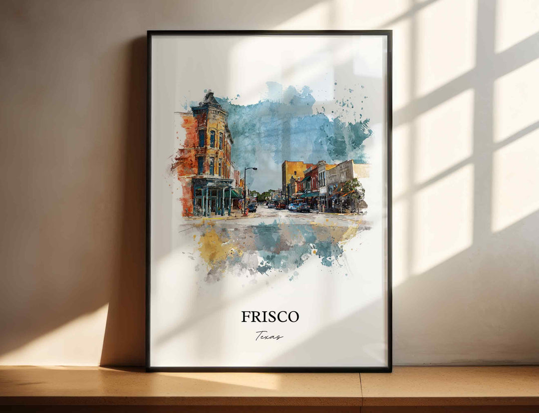 Frisco Texas watercolor wall art in a black frame captures the charm of its historic downtown with warm colors and inviting street views.
