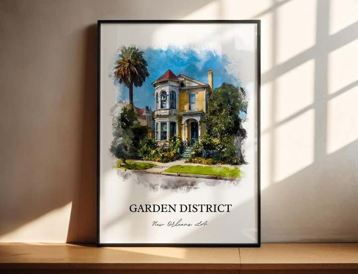 Garden District New Orleans watercolor wall art featuring elegant historic homes and Southern charm in a timeless décor print.