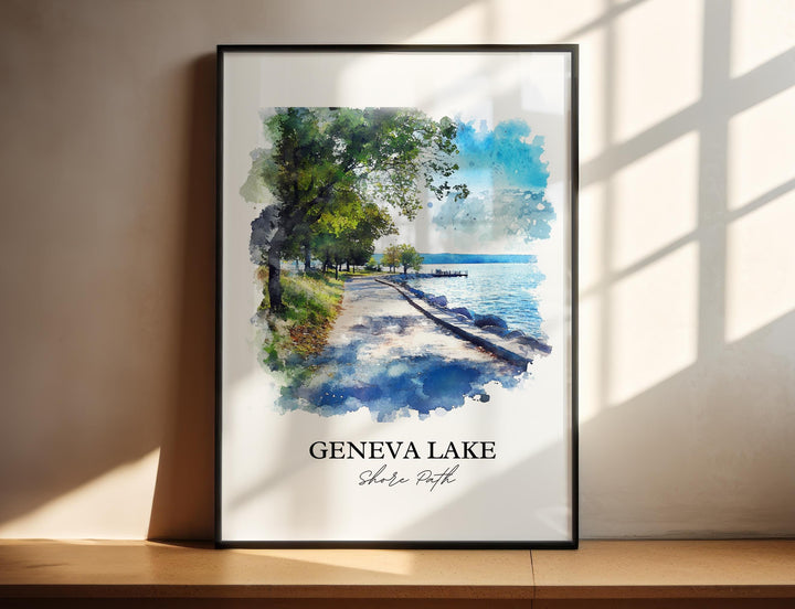Geneva Lake Shore Path watercolor wall art in a black frame featuring a scenic lakeside walkway with sparkling blue water and leafy trees.