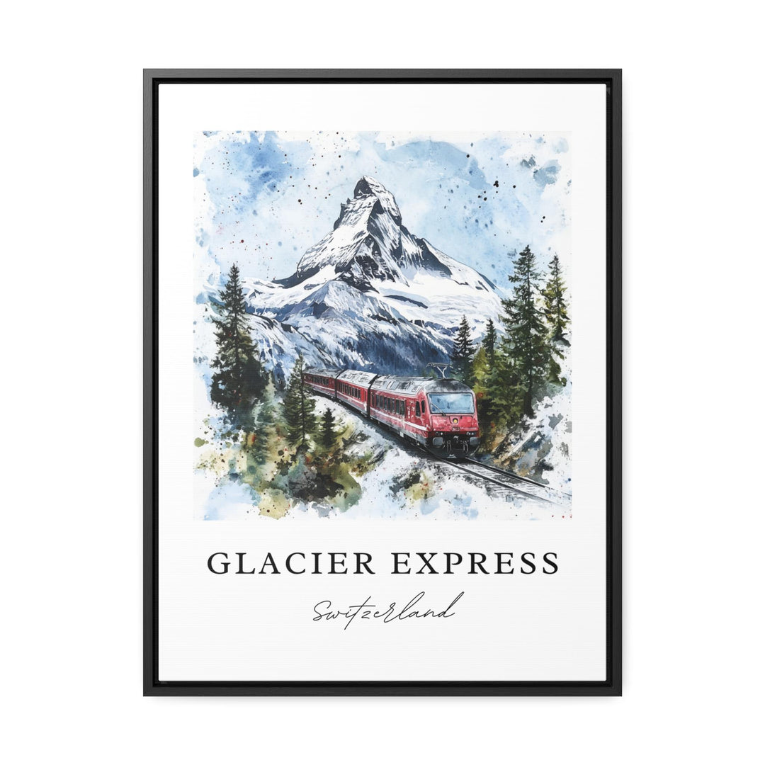 Watercolor Glacier Express Matterhorn wall art in a black frame featuring the iconic red train crossing the Swiss Alps beneath the Matterhorn, a stunning Switzerland travel print.