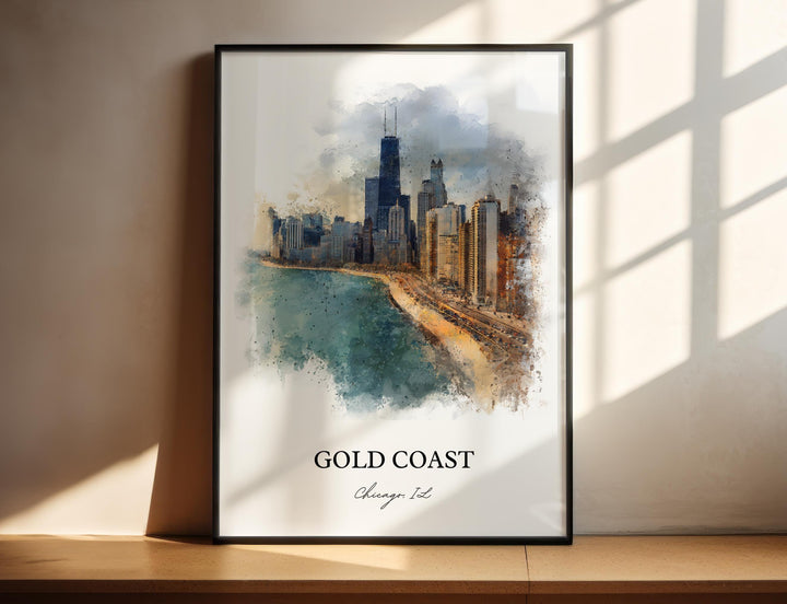 Gold Coast Chicago watercolor wall art featuring Lake Shore Drive, the skyline, and Lake Michigan in a timeless watercolor design.
