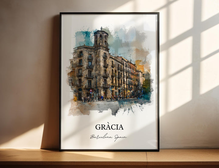 Gràcia Barcelona Spain watercolor wall art in a black frame highlights historic architecture, lively streets, and neighborhood charm.
