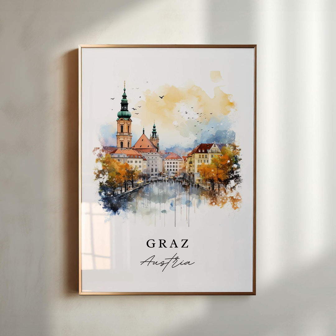 Graz Austria watercolor wall art in a gold frame featuring historic church towers, elegant old town streets, and warm autumn colors.